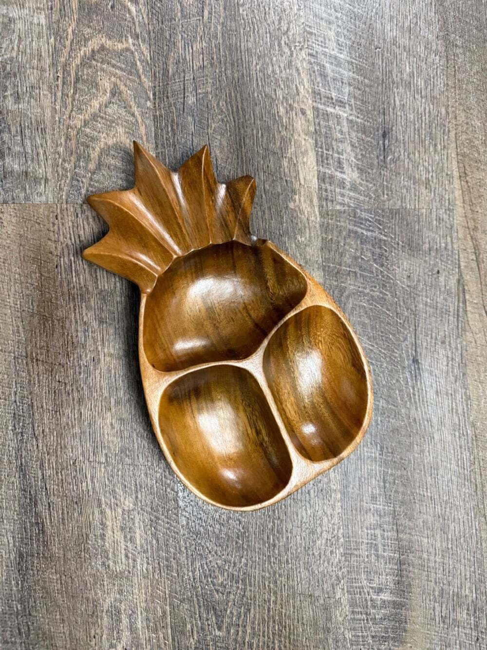 VTG Monkeypod Wood Bowl Dish Pineapple Shape Divided Wooden Carved MCM Signed